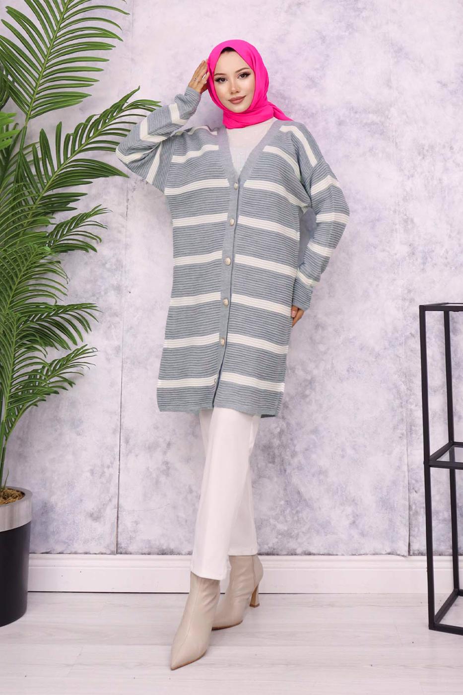 Tesettür giyim GRİ ÇİZGİLİ HIRKA T 0903