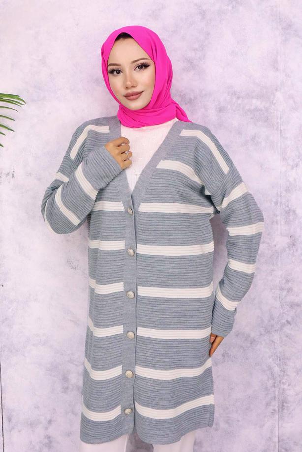 Tesettür giyim GRİ ÇİZGİLİ HIRKA T 0903 - TRENDTESETTÜR