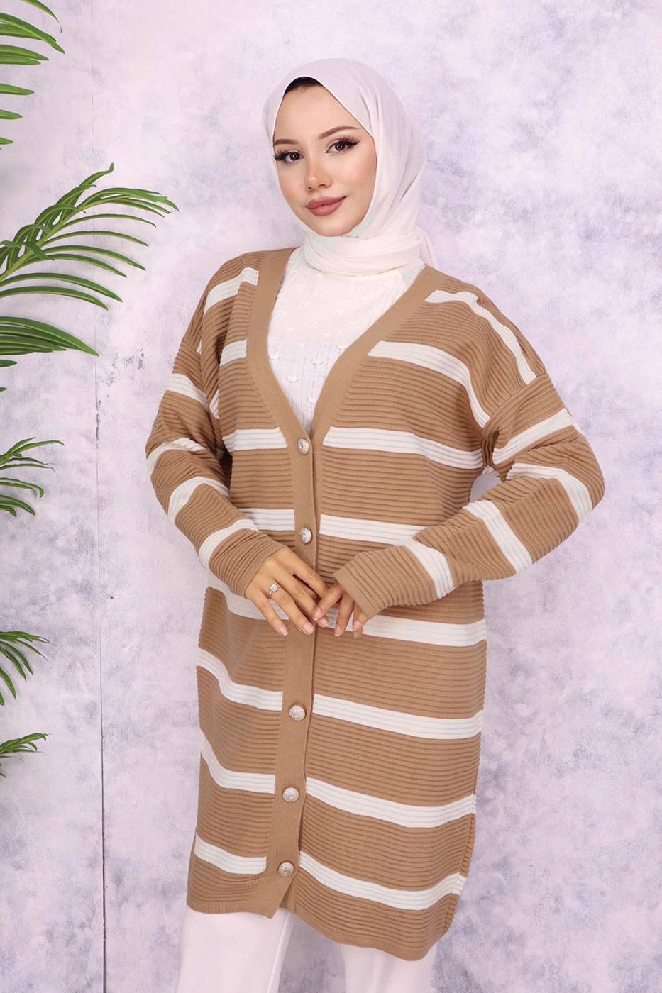 Tesettür giyim VİZON ÇİZGİLİ HIRKA T 0903