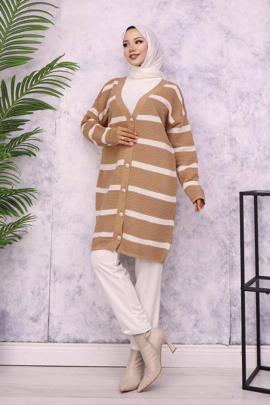 Tesettür giyim VİZON ÇİZGİLİ HIRKA T 0903