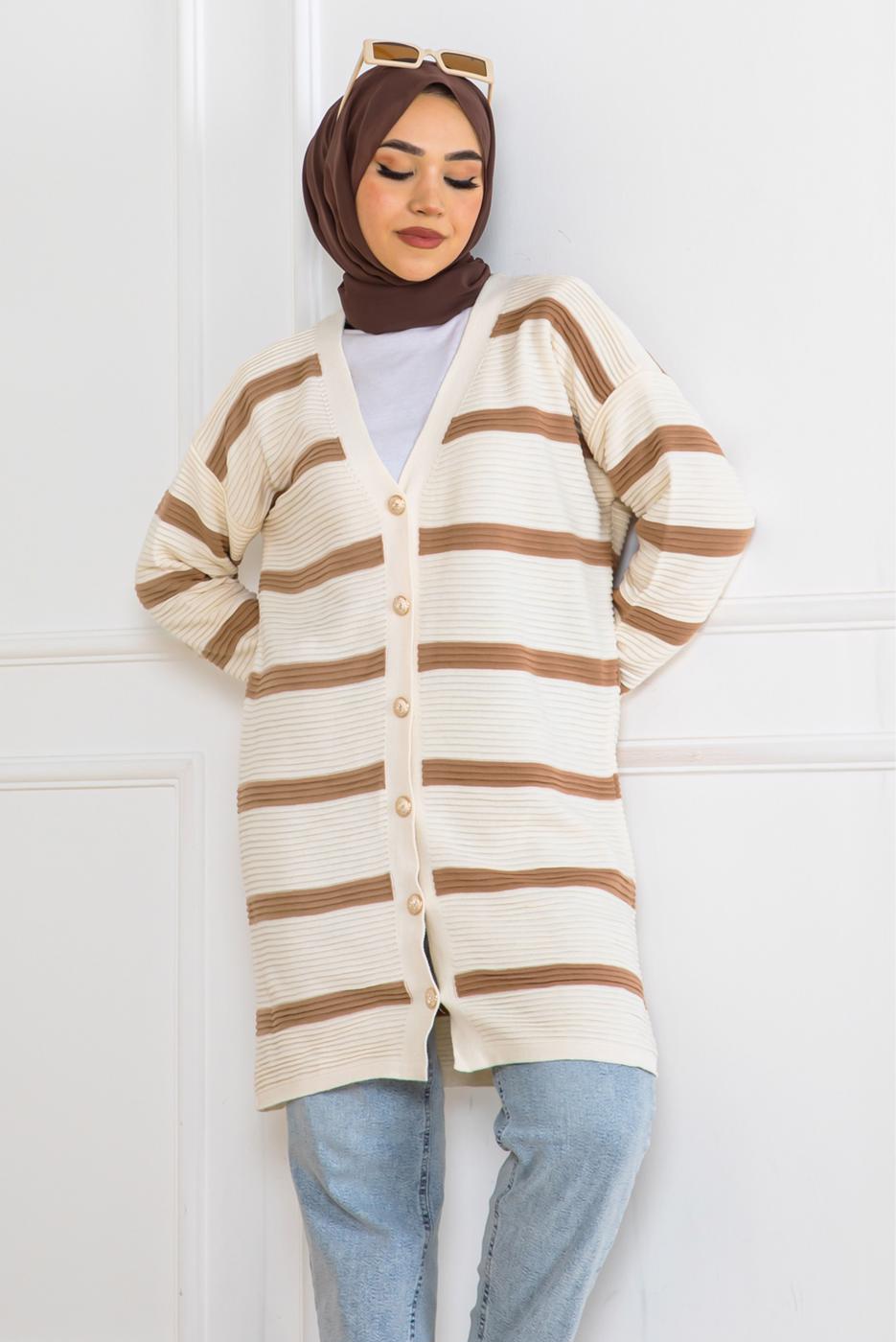 Tesettür giyim KAHVE ÇİZGİLİ HIRKA T 0903