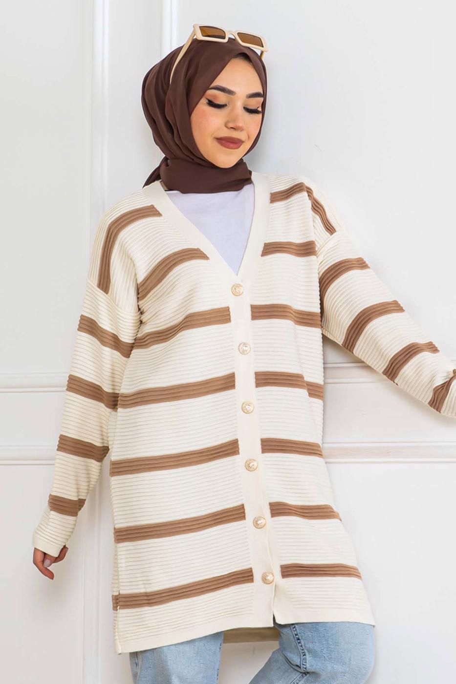 Tesettür giyim KAHVE ÇİZGİLİ HIRKA T 0903