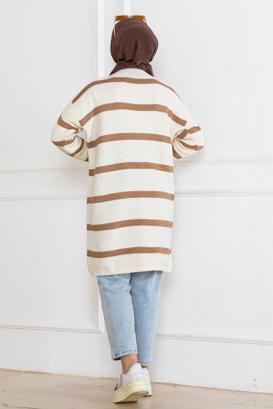 Tesettür giyim KAHVE ÇİZGİLİ HIRKA T 0903