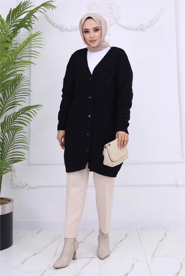 Tesettür giyim SİYAH BAKLAVA DESENLİ HIRKA T 904 - TRENDTESETTÜR