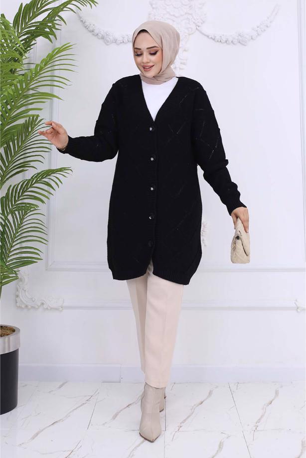 Tesettür giyim SİYAH BAKLAVA DESENLİ HIRKA T 904 - TRENDTESETTÜR