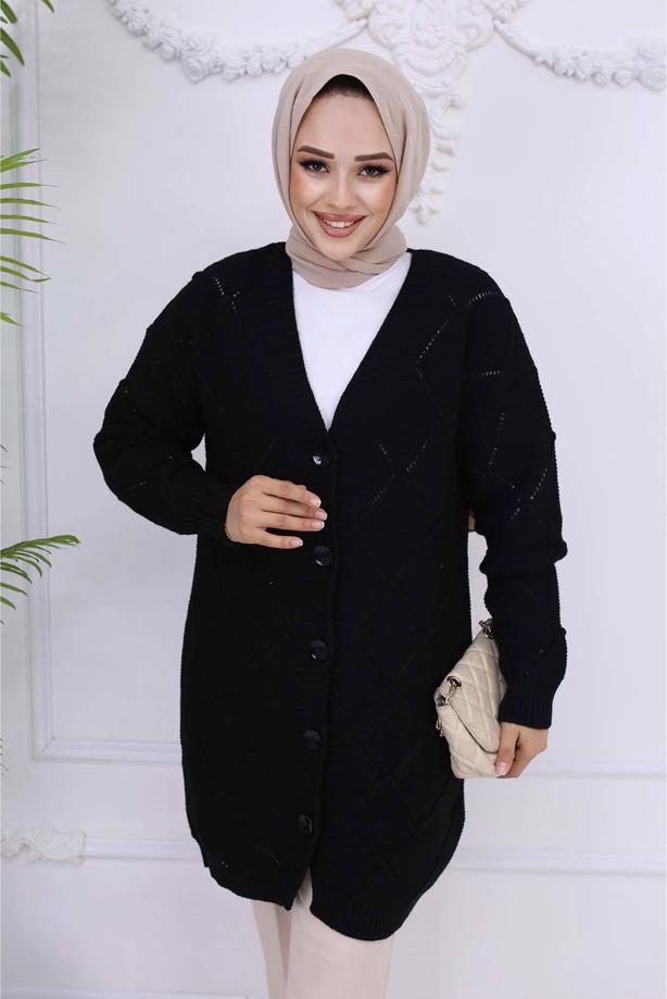 Tesettür giyim SİYAH BAKLAVA DESENLİ HIRKA T 904 - TRENDTESETTÜR