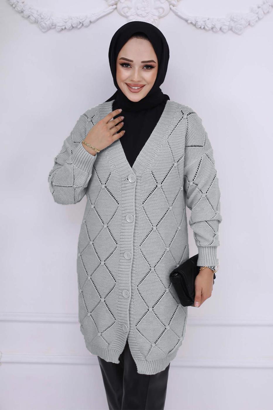Tesettür giyim GRİ BAKLAVA DESENLİ HIRKA T 904