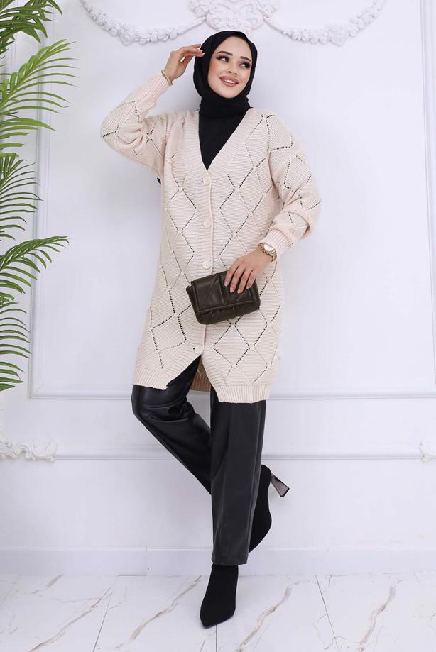 Tesettür giyim BEJ BAKLAVA DESENLİ HIRKA T 904 - TRENDTESETTÜR