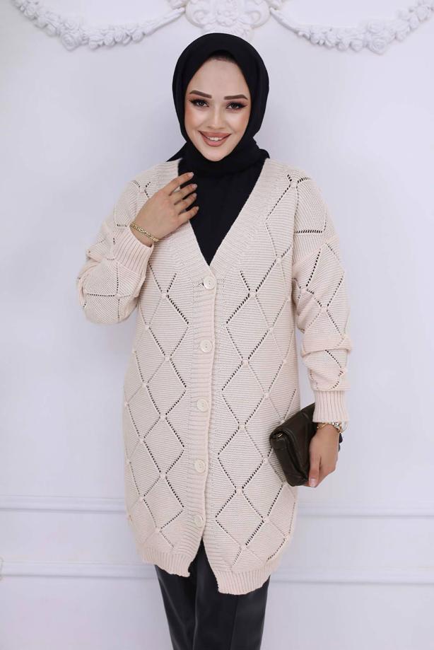 Tesettür giyim BEJ BAKLAVA DESENLİ HIRKA T 904 - TRENDTESETTÜR