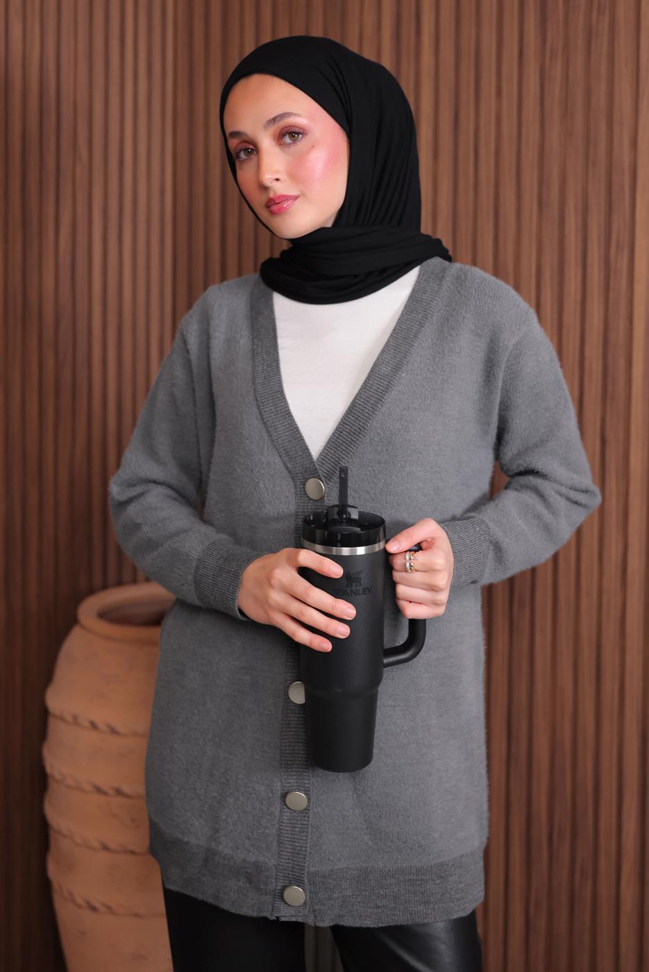 Tesettür giyim GRİ SAKAL İPLİK HIRKA T 2907