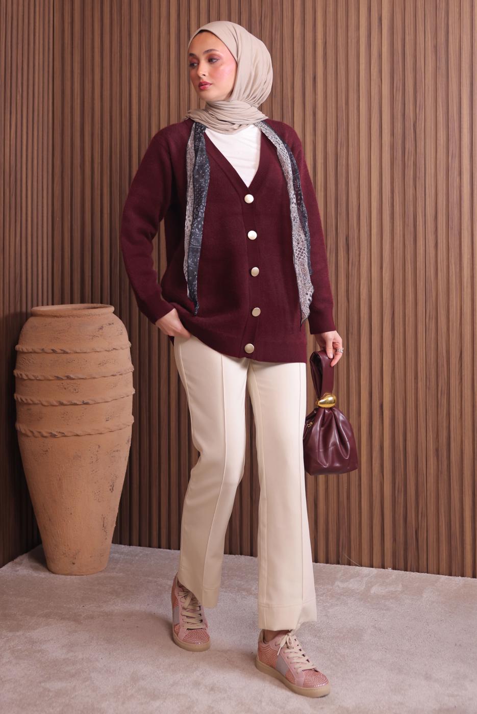 Tesettür giyim BORDO SAKAL İPLİK HIRKA T 2907