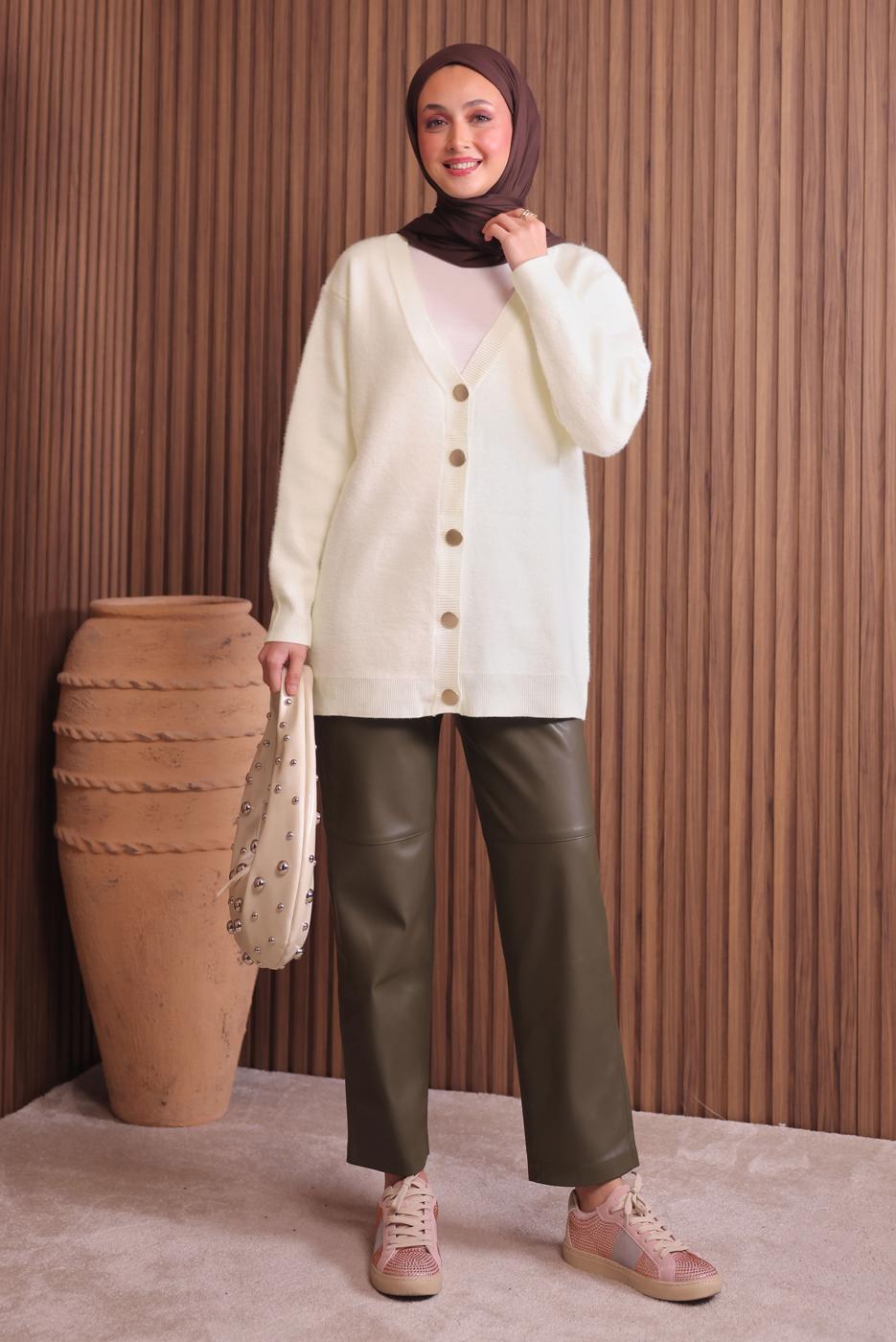 Tesettür giyim EKRU SAKAL İPLİK HIRKA T 2907