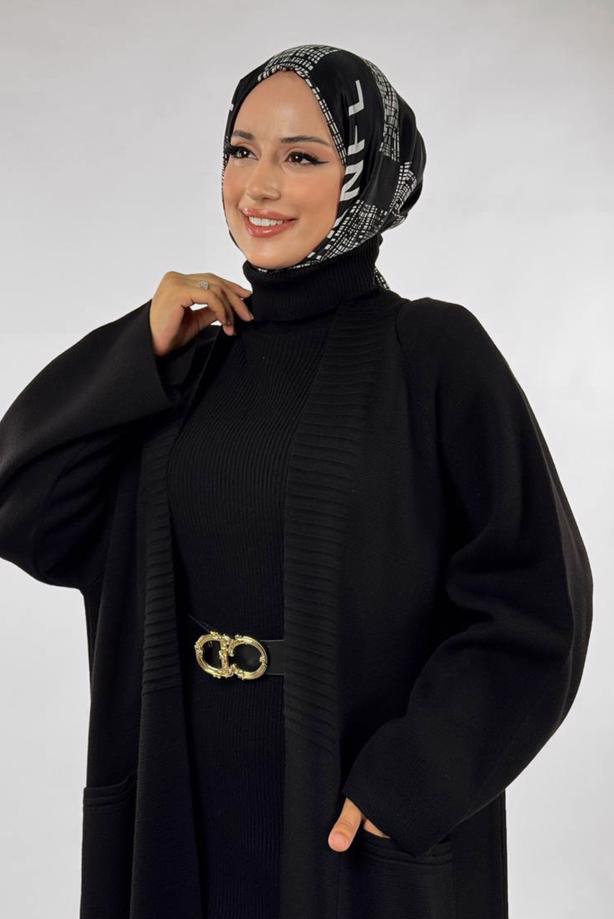Tesettür giyim SİYAH CEP DETAYLI TRİKO HIRKA T 31381 - TRENDTESETTÜR