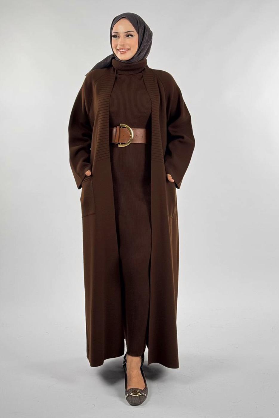 Tesettür giyim KAHVE CEP DETAYLI TRİKO HIRKA T 31381