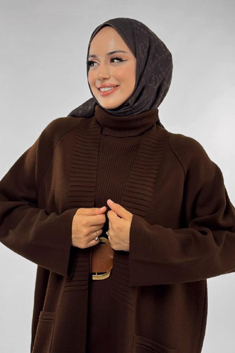 Tesettür giyim KAHVE CEP DETAYLI TRİKO HIRKA T 31381