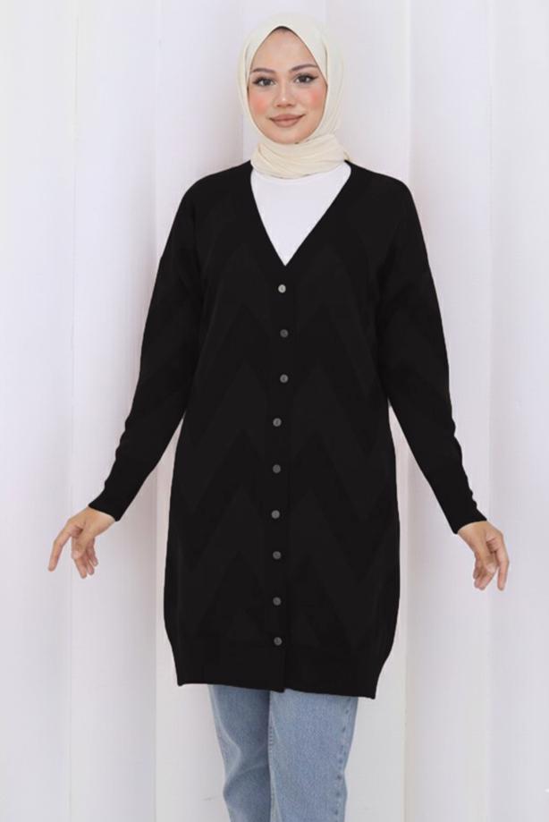 Tesettür giyim SİYAH T 3913 BN UZUN MERSERİZE HIRKA - TRENDTESETTÜR