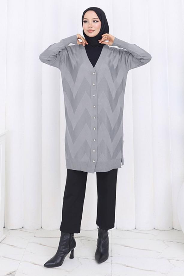 Tesettür giyim GRİ DESENLİ TRİKO HIRKA T 3913 - TRENDTESETTÜR