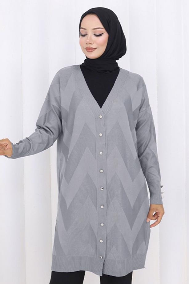 Tesettür giyim GRİ DESENLİ TRİKO HIRKA T 3913 - TRENDTESETTÜR