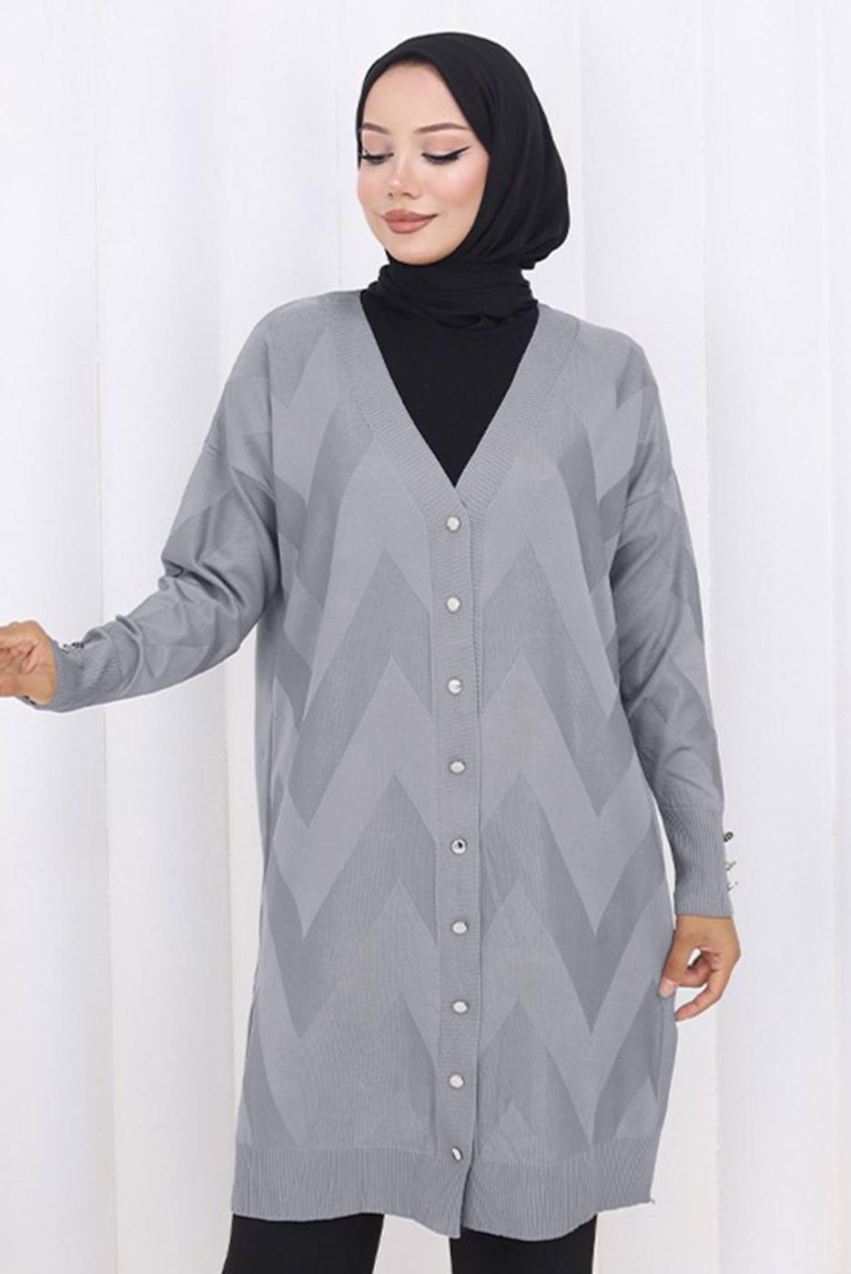 Tesettür giyim GRİ DESENLİ TRİKO HIRKA T 3913