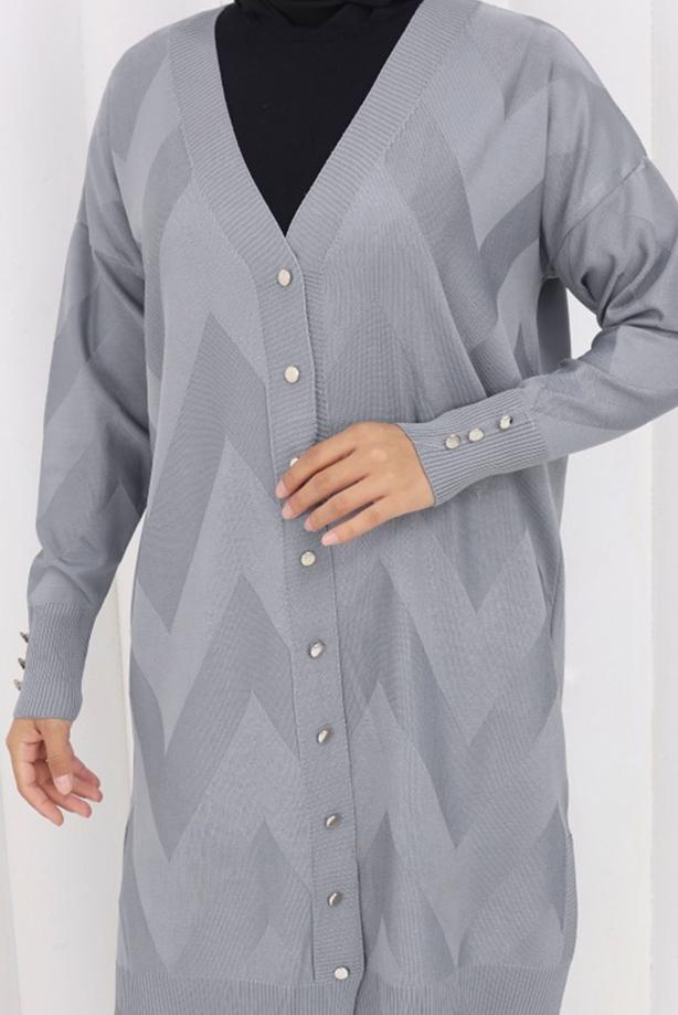 Tesettür giyim GRİ DESENLİ TRİKO HIRKA T 3913 - TRENDTESETTÜR