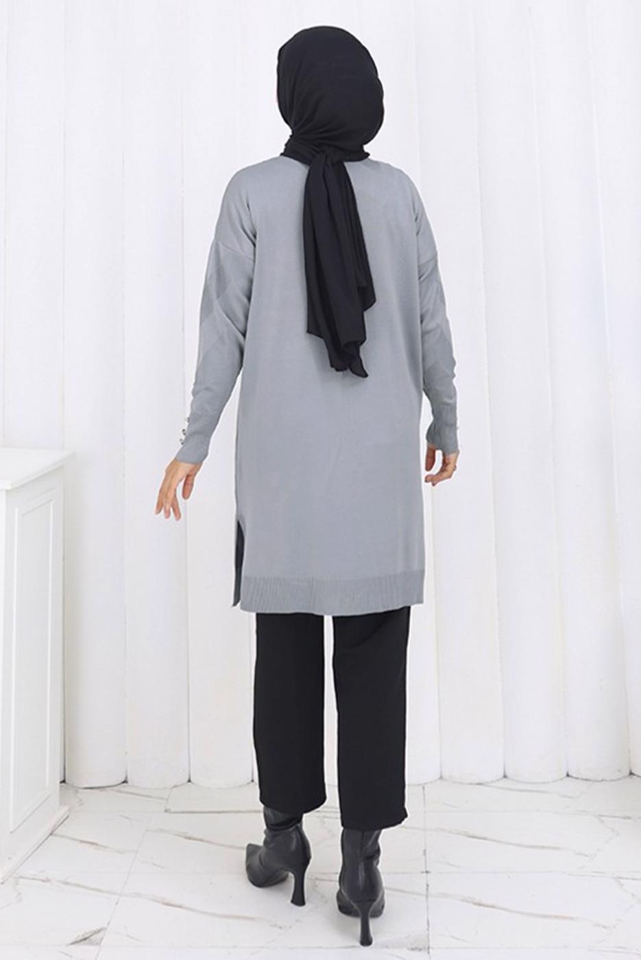 Tesettür giyim GRİ DESENLİ TRİKO HIRKA T 3913