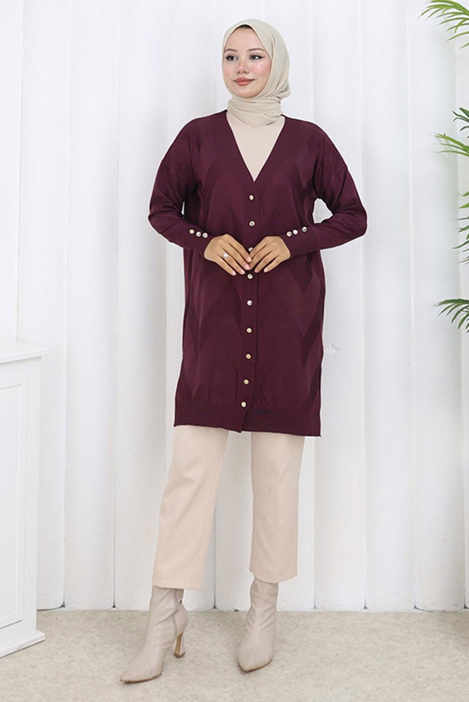 Tesettür giyim BORDO DESENLİ TRİKO HIRKA T 3913