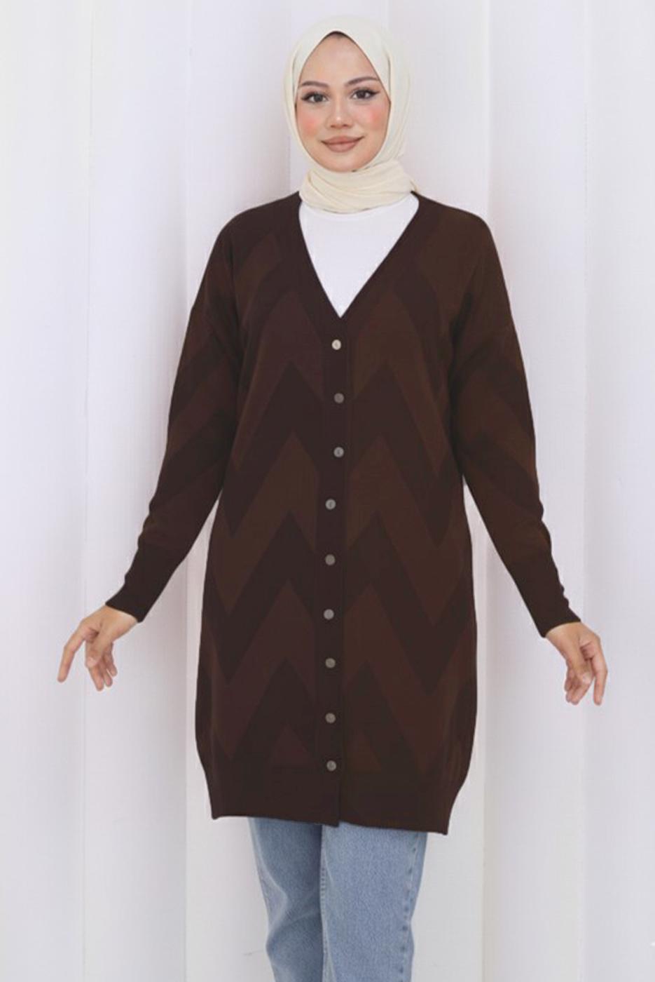 Tesettür giyim KAHVE DESENLİ TRİKO HIRKA T 3913