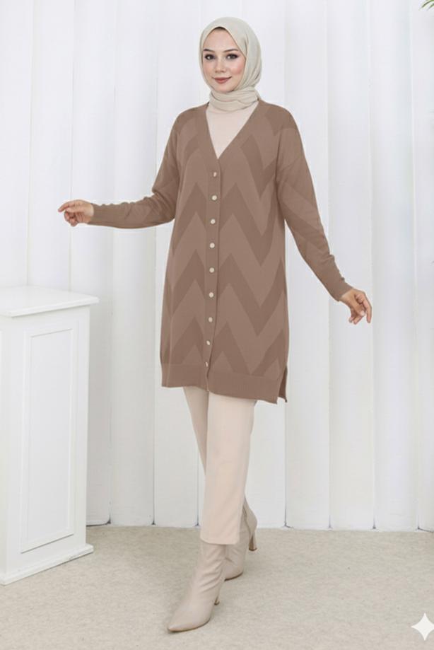 Tesettür giyim VİZON T 3913 BN UZUN MERSERİZE HIRKA - TRENDTESETTÜR
