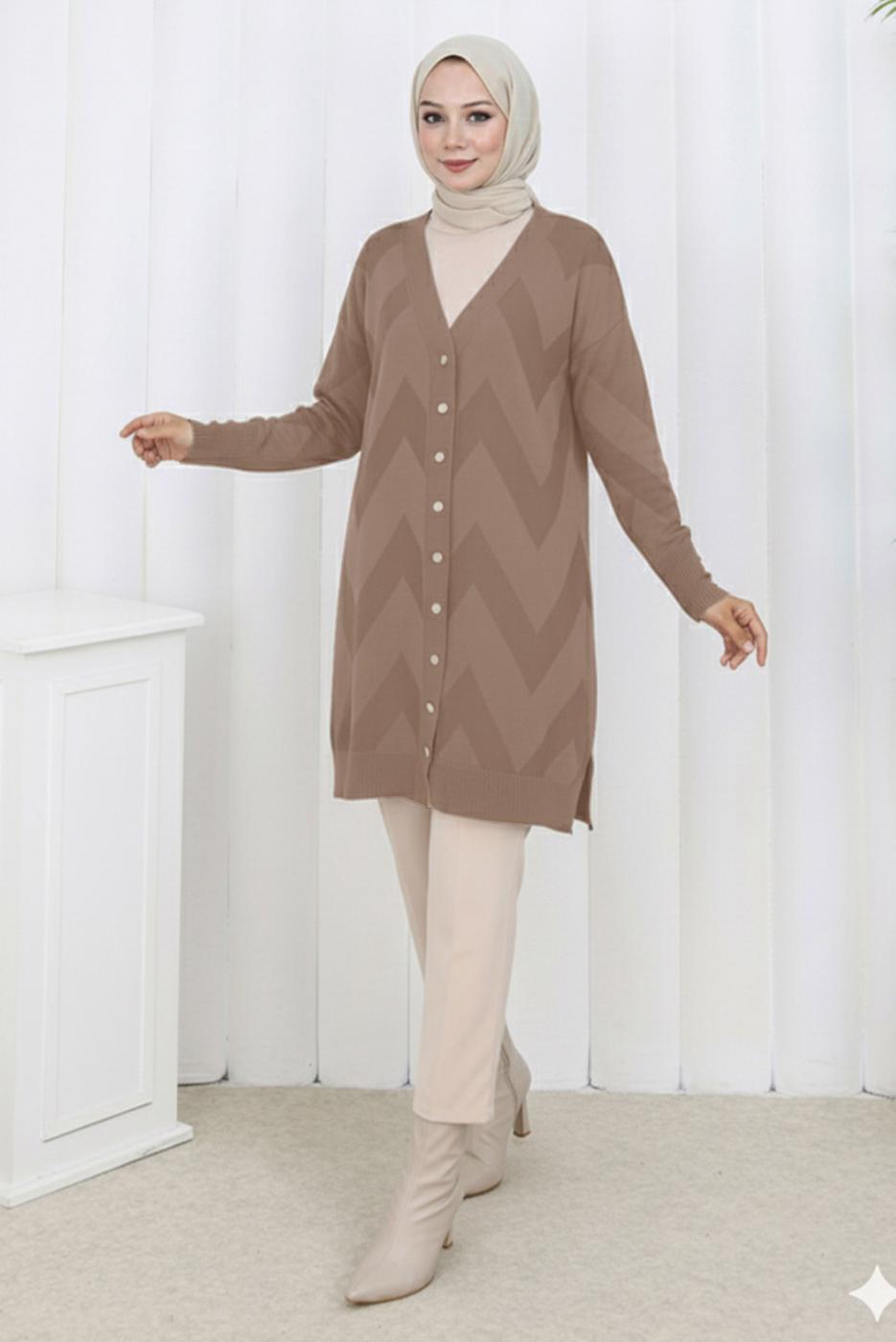 Tesettür giyim VİZON DESENLİ TRİKO HIRKA T 3913