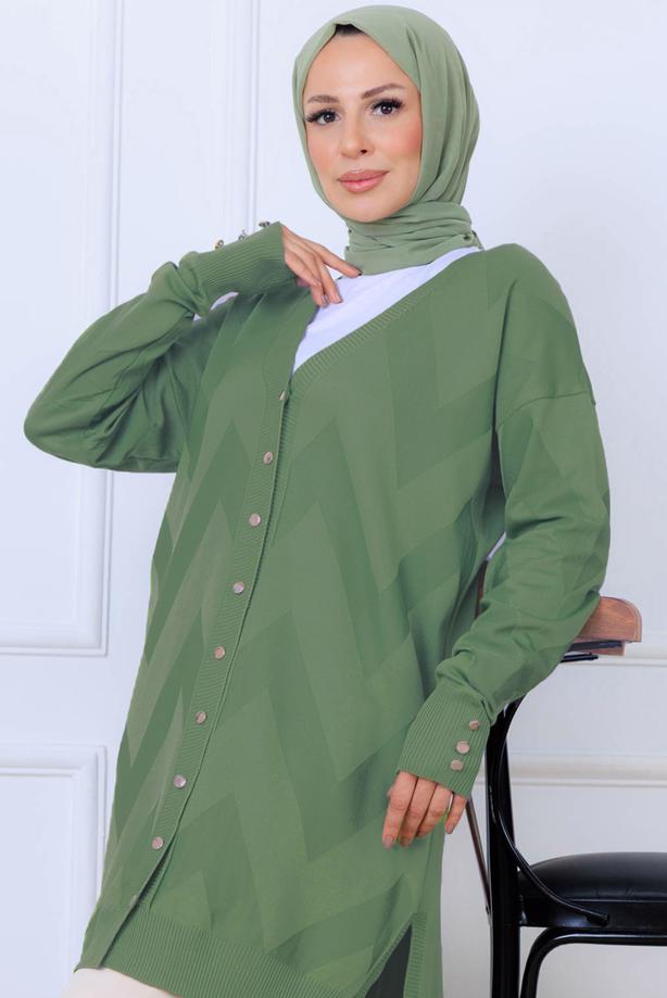 Tesettür giyim YEŞİL DESENLİ TRİKO HIRKA T 3913 - TRENDTESETTÜR