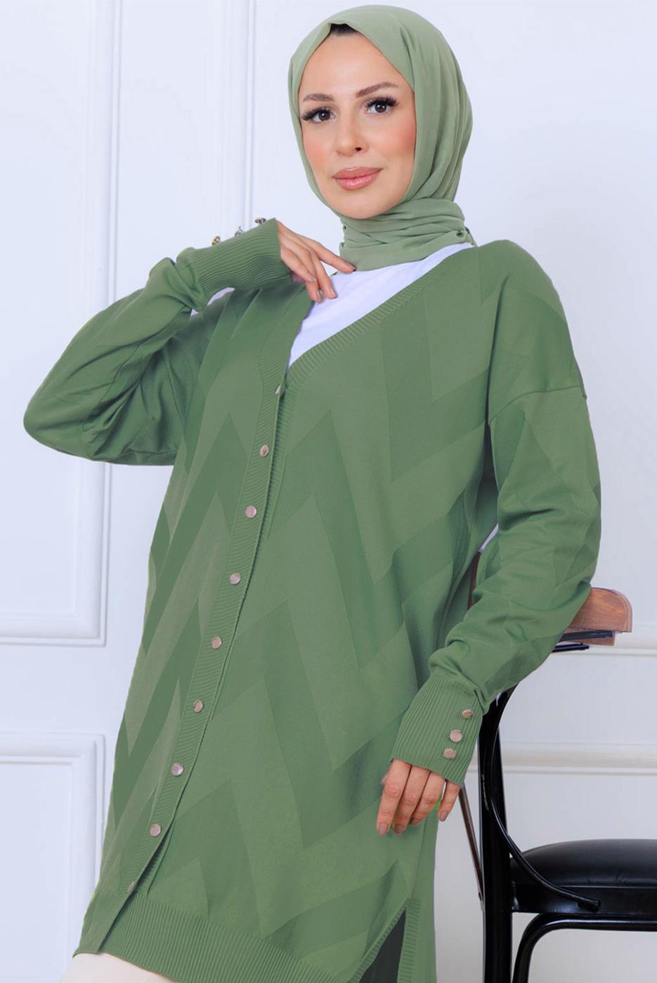 Tesettür giyim YEŞİL DESENLİ TRİKO HIRKA T 3913
