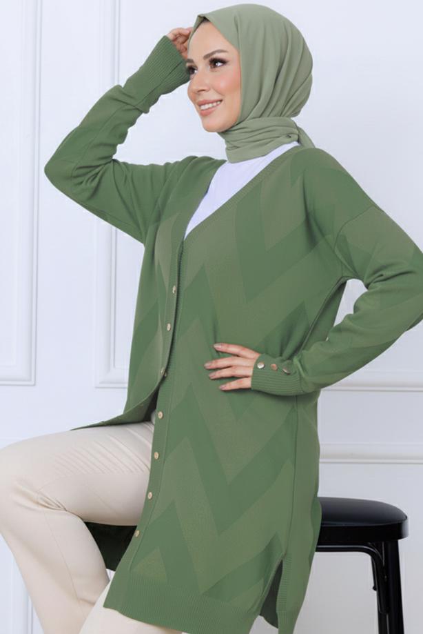 Tesettür giyim YEŞİL DESENLİ TRİKO HIRKA T 3913 - TRENDTESETTÜR