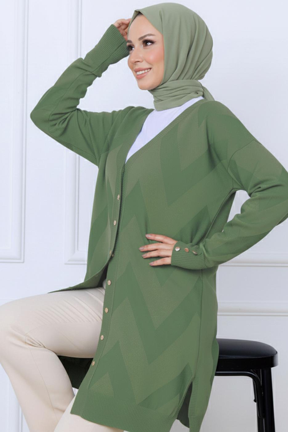Tesettür giyim YEŞİL DESENLİ TRİKO HIRKA T 3913