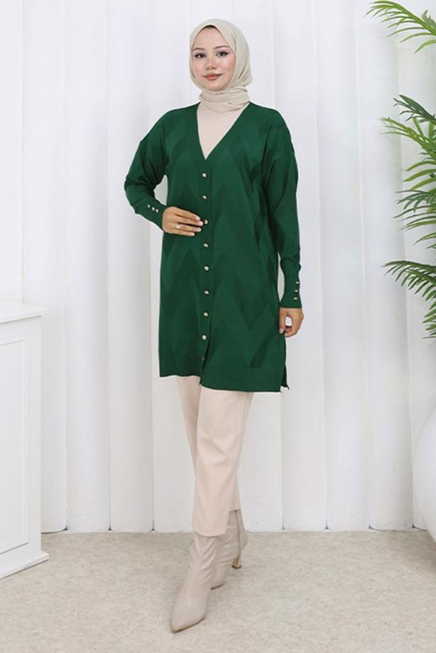 Tesettür giyim YEŞİL DESENLİ TRİKO HIRKA T 3913 - TRENDTESETTÜR