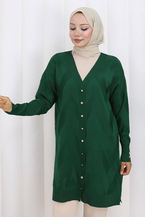 Tesettür giyim YEŞİL DESENLİ TRİKO HIRKA T 3913 - TRENDTESETTÜR