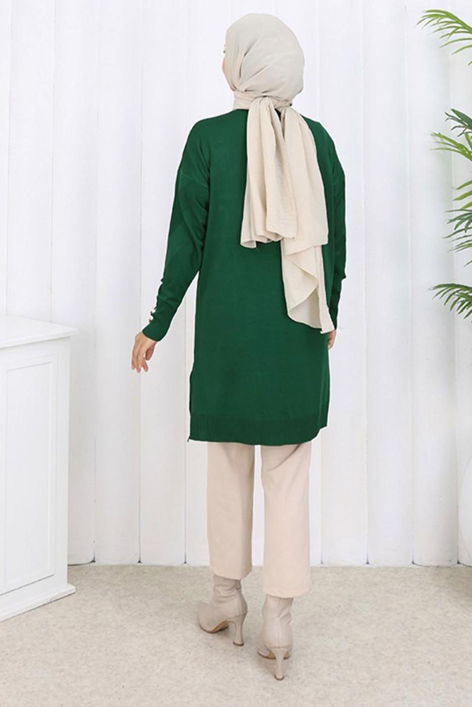 Tesettür giyim YEŞİL DESENLİ TRİKO HIRKA T 3913