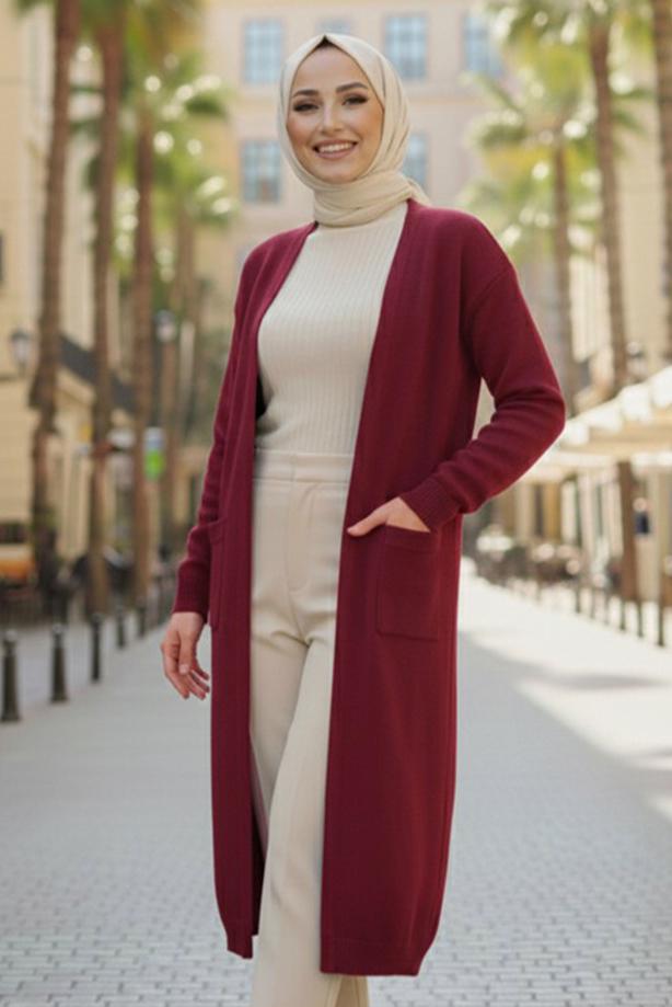 Tesettür giyim BORDO TRİKO HIRKA T 5417 - TRENDTESETTÜR