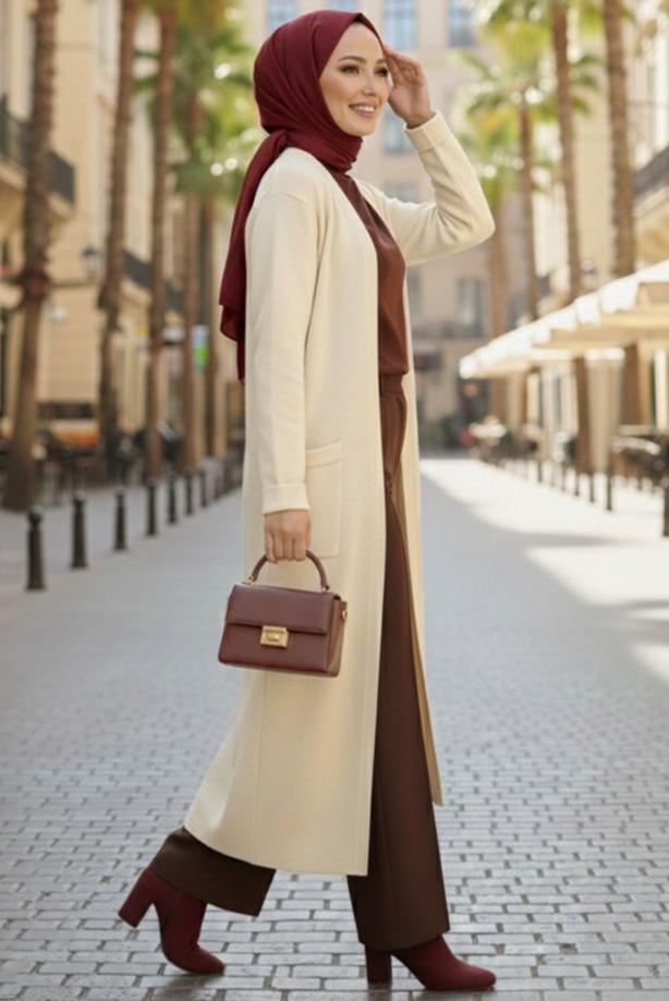 Tesettür giyim EKRU TRİKO HIRKA T 5417 - TRENDTESETTÜR