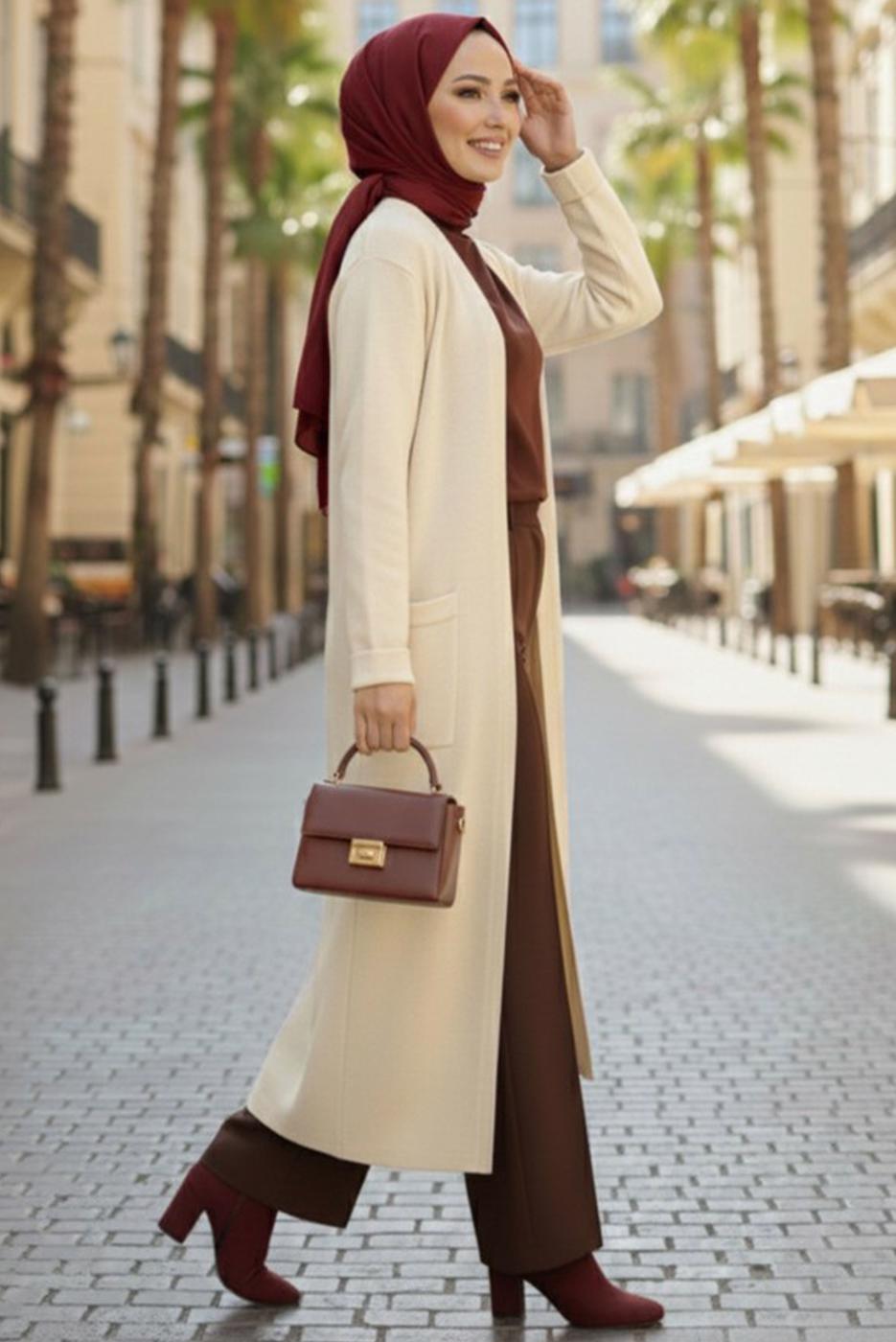 Tesettür giyim EKRU TRİKO HIRKA T 5417