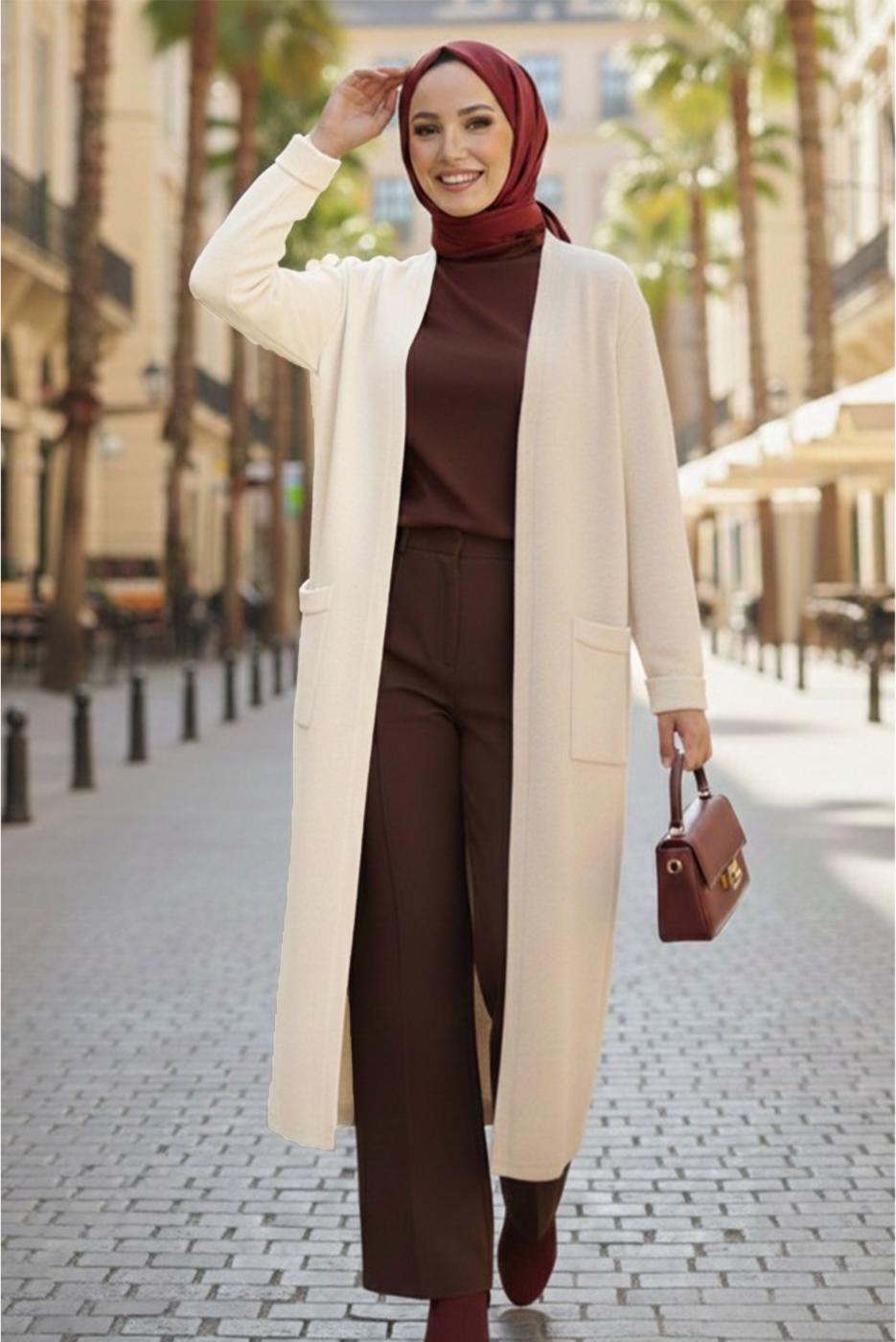 Tesettür giyim EKRU TRİKO HIRKA T 5417