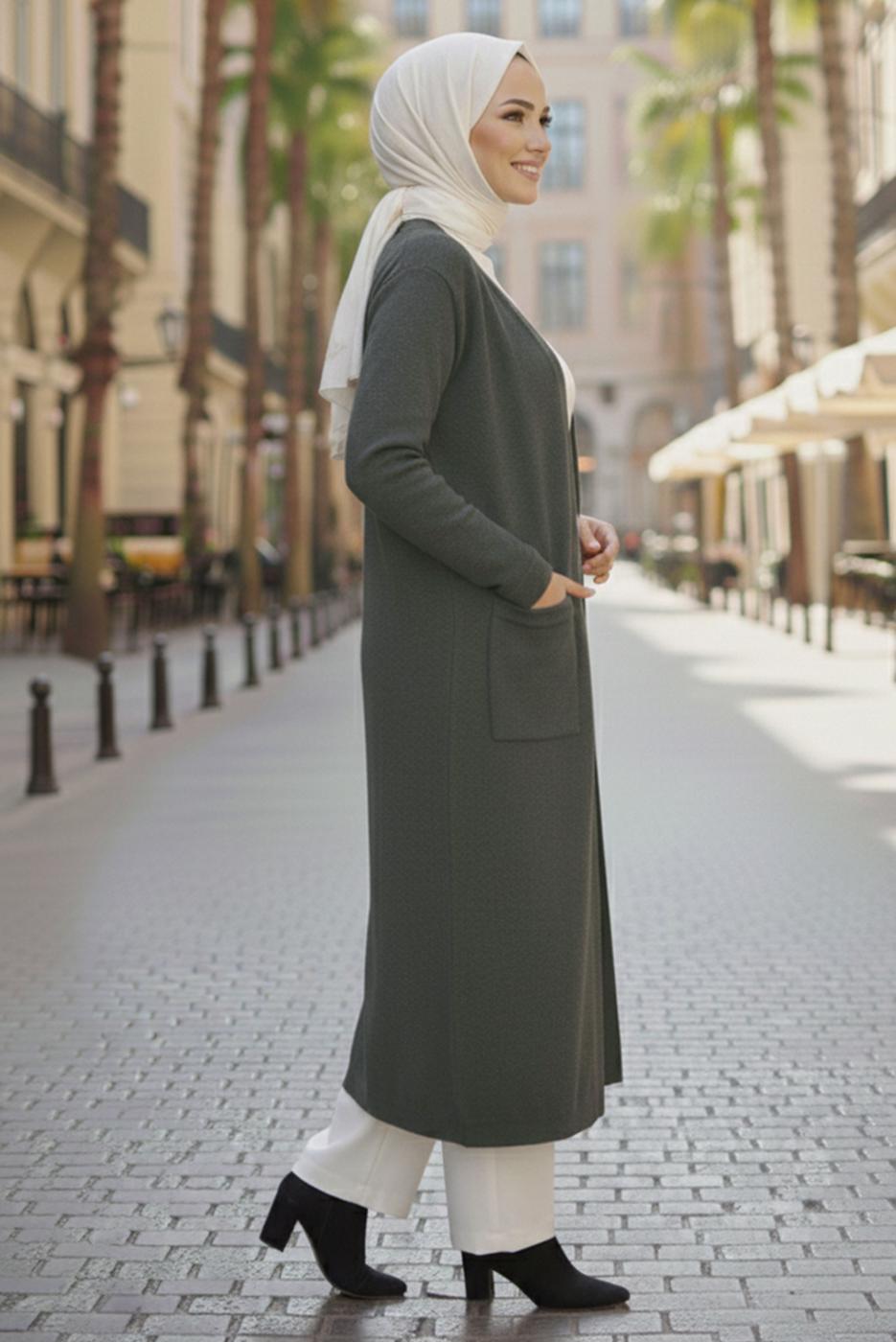 Tesettür giyim GRİ TRİKO HIRKA T 5417