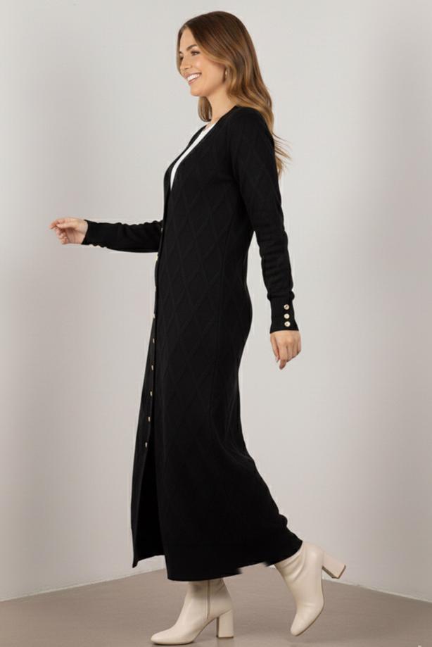 Tesettür giyim SİYAH BAKLAVA DESENLİ UZUN HIRKA T 5923 - TRENDTESETTÜR