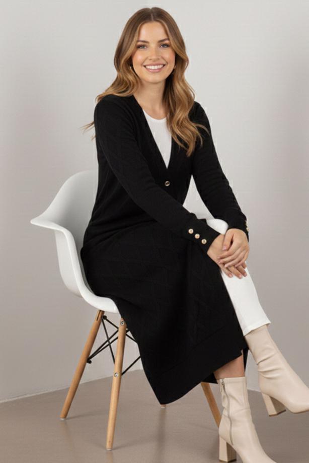 Tesettür giyim SİYAH BAKLAVA DESENLİ UZUN HIRKA T 5923 - TRENDTESETTÜR