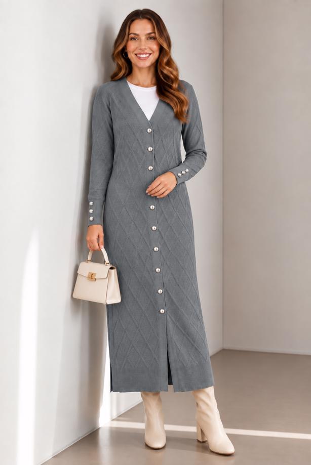 Hijab clothing GREY PATTERNED LONG CARDIGAN T 5923 - TRENDTESETTÜR
