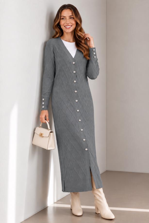 Hijab clothing GREY PATTERNED LONG CARDIGAN T 5923 - TRENDTESETTÜR