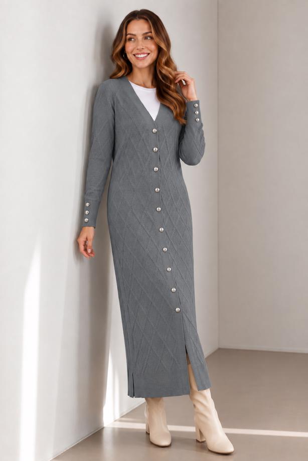 Hijab clothing GREY PATTERNED LONG CARDIGAN T 5923 - TRENDTESETTÜR