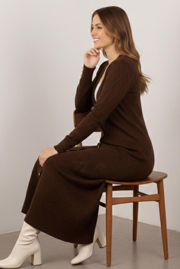 Tesettür giyim KAHVE BAKLAVA DESENLİ UZUN HIRKA T 5923 - TRENDTESETTÜR