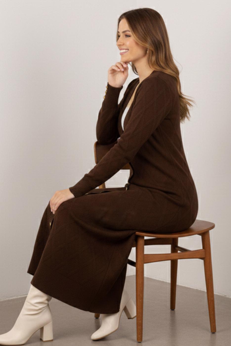 Tesettür giyim KAHVE BAKLAVA DESENLİ UZUN HIRKA T 5923