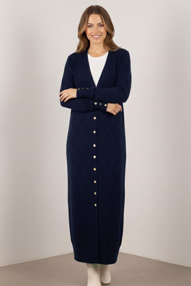 Tesettür giyim LACİVERT BAKLAVA DESENLİ UZUN HIRKA T 5923 - TRENDTESETTÜR