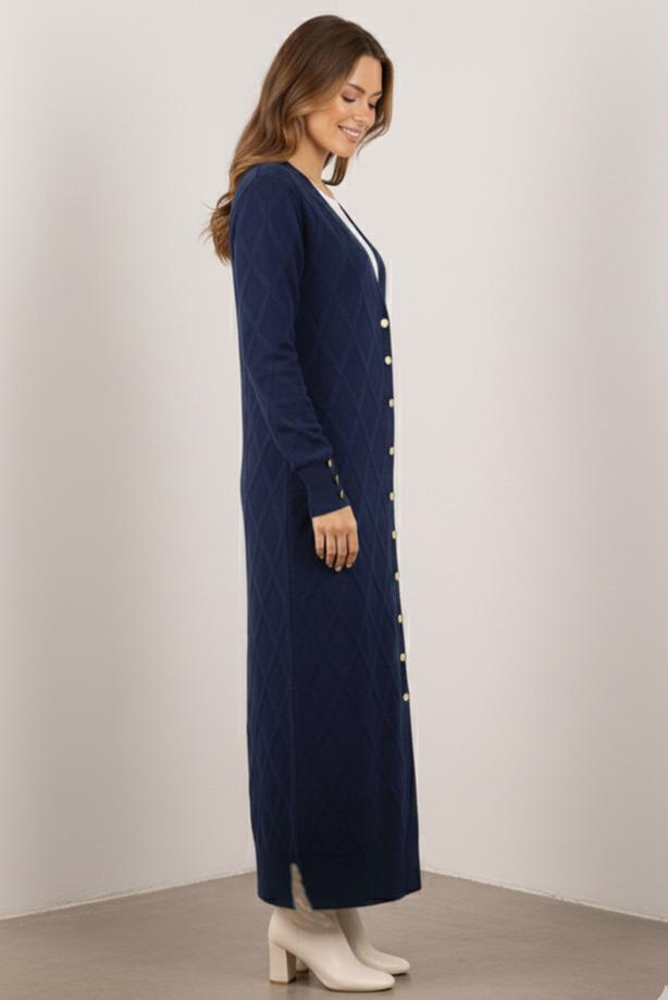 Tesettür giyim LACİVERT BAKLAVA DESENLİ UZUN HIRKA T 5923 - TRENDTESETTÜR